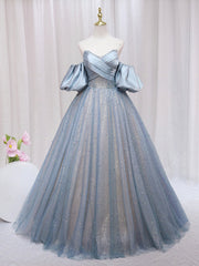Evening Dresses For Over 64S, Blue Puff Sleeve Long A-Line Prom Dress, Off the Shoulder Formal Evening Dress