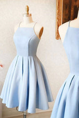 Evening Dresses And Gowns, Blue Satin Short Prom Dresses, A-Line Evening Dresses