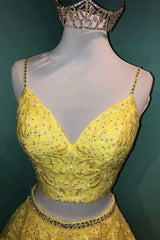 Formal Dresses Long, Yellow Lace Two Pieces Prom Dress, A-Line Evening Party Dress