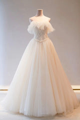 Country Wedding, Champange Tulle Long Prom Dress, A-Line Evening Dress