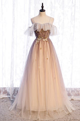 Prom Dress Long Sleeved, A-Line Long Spaghetti Strap Tulle Prom Dress, Ombre Evening Dress