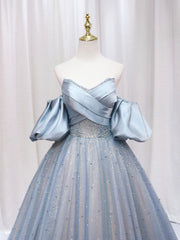 Evening Dress With Sleeves Uk, Blue Puff Sleeve Long A-Line Prom Dress, Off the Shoulder Formal Evening Dress