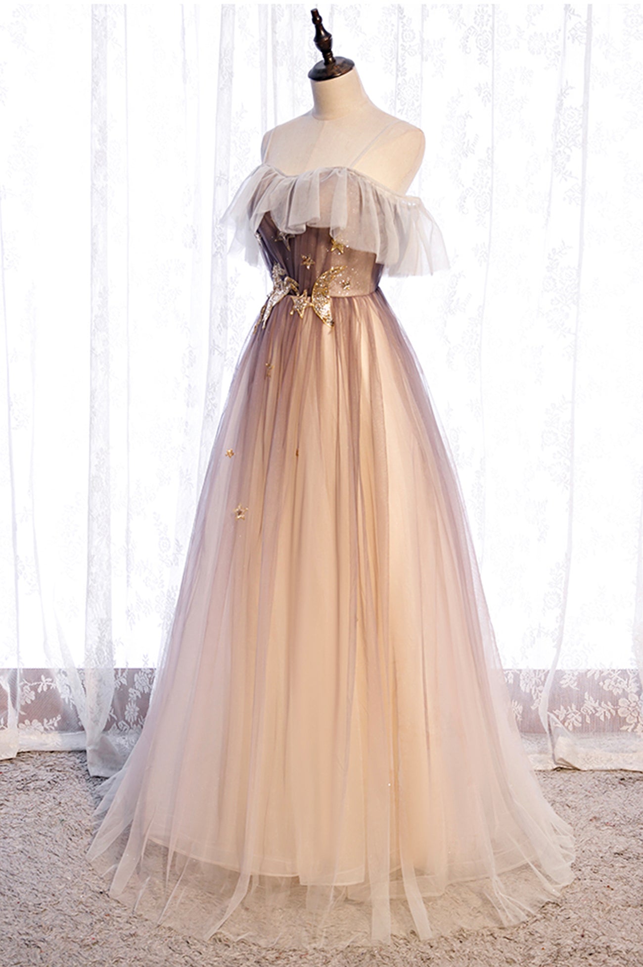 Prom Dresses Shiny, A-Line Long Spaghetti Strap Tulle Prom Dress, Ombre Evening Dress