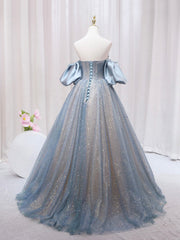 Evening Dresses Suits, Blue Puff Sleeve Long A-Line Prom Dress, Off the Shoulder Formal Evening Dress