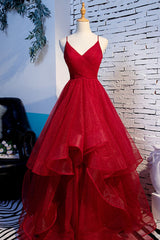 Elegant Gown, Red V-Neck Tulle Long Prom Dress, A-Line Evening Dress