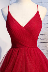 Flowy Prom Dress, Red V-Neck Tulle Long Prom Dress, A-Line Evening Dress