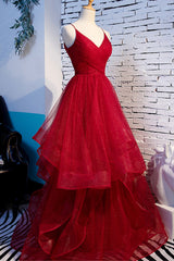 Dream Dress, Red V-Neck Tulle Long Prom Dress, A-Line Evening Dress