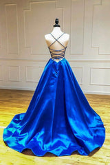 Formal Dresses 2037, Blue V-Neck Satin Long Prom Dresses, A-Line Backless Evening Dresses