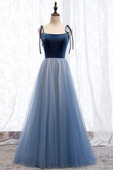 Black Formal Dress, Blue Velvet Tulle Long Prom Dresses, A-Line Evening Dresses