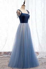 Long Sleeve Prom Dress, Blue Velvet Tulle Long Prom Dresses, A-Line Evening Dresses