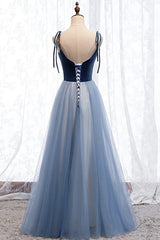 Aesthetic Dress, Blue Velvet Tulle Long Prom Dresses, A-Line Evening Dresses