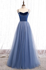 Functional Dress, Blue Velvet Tulle Long Prom Dresses, Blue A-Line Evening Dresses