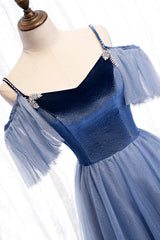 Prom Dress Red, Blue Velvet Tulle Long Prom Dresses, Blue A-Line Evening Dresses