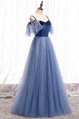White Dress Outfit, Blue Velvet Tulle Long Prom Dresses, Blue A-Line Evening Dresses