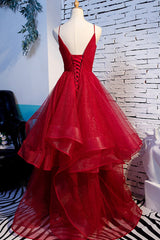 Elegant Dress For Women, Red V-Neck Tulle Long Prom Dress, A-Line Evening Dress