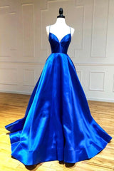 Formal Dresses Vintage, Blue V-Neck Satin Long Prom Dresses, A-Line Backless Evening Dresses