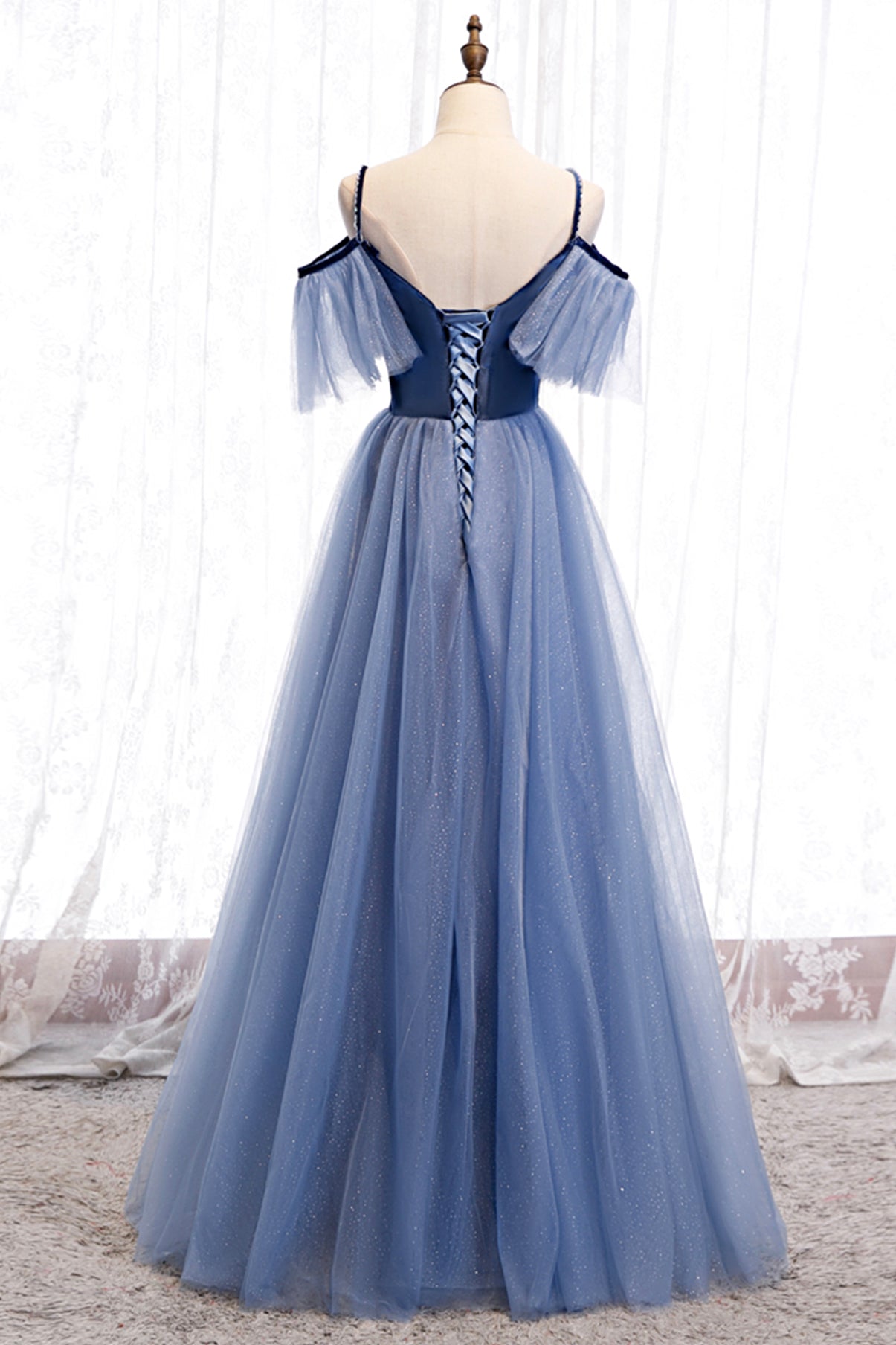 Dress Ideas, Blue Velvet Tulle Long Prom Dresses, Blue A-Line Evening Dresses