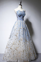 Evening Dress Elegant, Blue Strapless Ombre Tulle Long Prom Dresses, A-Line Evening Dresses