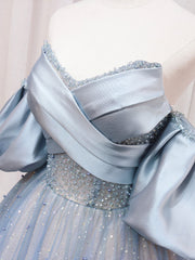 Evening Dress Suit, Blue Puff Sleeve Long A-Line Prom Dress, Off the Shoulder Formal Evening Dress