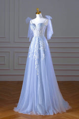 Evening Dress Style, Blue Spaghetti Strap Tulle Lace Long Prom Dress, A-Line Evening Party Dress