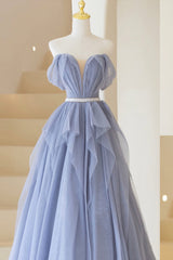 Dress Design, Blue Off Shoulder Tulle Long Formal Dress, A-Line Blue Evening Dress