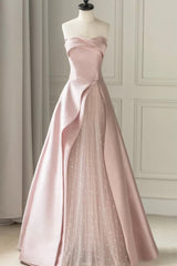 Prom Dresses Ideas, Pink Strapless Satin Floor Length Prom Dress, A-Line Formal Evening Dress