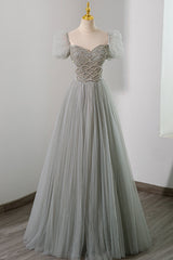 Bridesmaid Dress Color Palettes, Gray Tulle Beading Long Prom Dress, A-Line Short Sleeve Evening Dress