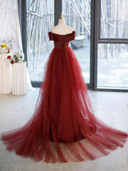 Prom Dress Fabric, Mermaid V-Neck Satin Long Prom Dress,  Burgundy Off Shoulder Evening Dress with Bow