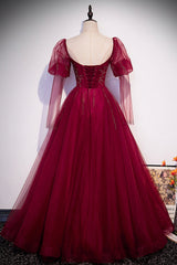 Party Dress White, Burgundy Tulle Beading Long Prom Dresses, A-Line Formal Evening Dresses