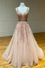 Homecoming Dresses Styles, Pink V-Neck Lace Long Prom Dresses, A-Line Tulle Graduation Dresses