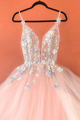 Homecoming Dress Formal, Pink V-Neck Tulle Lace Long Prom Dresses, Pink Evening Dresses