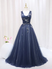 Dinner Dress, Blue Tulle Beaded Long Prom Dress, Blue Evening Party Dress