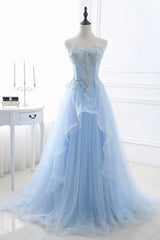 Wedding Party Dress, Blue Strapless Tulle Lace Long A-Line Prom Dress, Blue Evening Dress