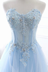 Semi Dress, Blue Strapless Tulle Lace Long A-Line Prom Dress, Blue Evening Dress