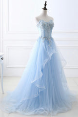 Evening Dresses Long, Blue Strapless Tulle Lace Long A-Line Prom Dress, Blue Evening Dress