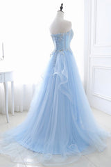Evening Dresses Online Shopping, Blue Strapless Tulle Lace Long A-Line Prom Dress, Blue Evening Dress