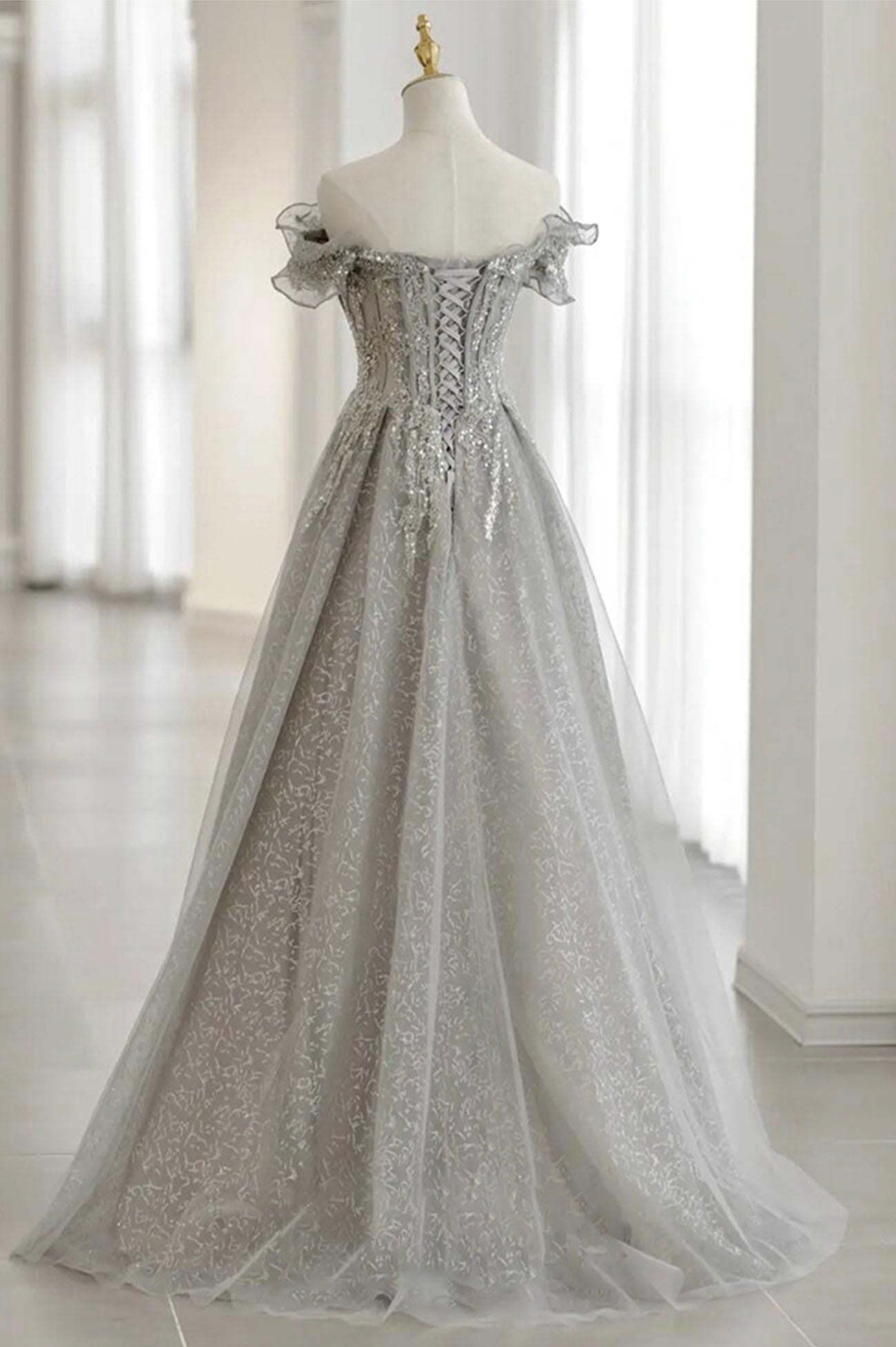 Prom Dresses 2027, Grey Tulle Sequins Long A-Line Prom Dresses, Off the Shoulder Evening Dresses