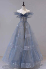 Prom Dress Floral, A-Line Off Shoulder Layers Tulle Long Evening Dress, Blue Formal Dress