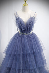 Homecomeing Dresses Long, Blue Layers Tulle Long Prom Dresses, A-Line Spaghetti Straps Evening Dresses