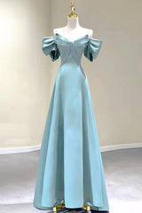 Evening Dress Sleeve, Blue Satin Long A-Line Prom Dress, Off the Shoulder Evening Dress