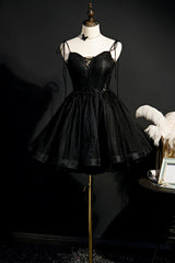 Homecoming Dresses Tight Short, Black Tulle Short Prom Dress, Lovely A-Line Spaghetti Strap Party Dress
