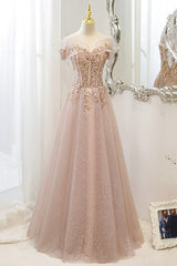 Homecoming Dresses Shop, Pink Tulle Sequins Long Prom Dresses, A-Line Off the Shoulder Evening Dresses