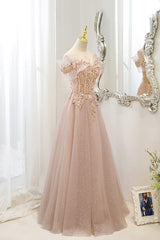 Homecoming Dress Shopping, Pink Tulle Sequins Long Prom Dresses, A-Line Off the Shoulder Evening Dresses