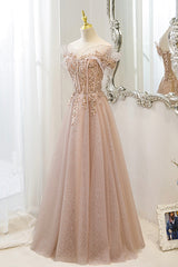 Homecoming Dress Shops, Pink Tulle Sequins Long Prom Dresses, A-Line Off the Shoulder Evening Dresses