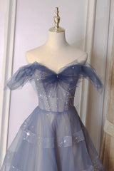 Prom Dress Off Shoulder, A-Line Off Shoulder Layers Tulle Long Evening Dress, Blue Formal Dress