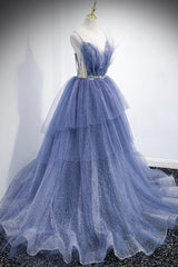 Homecomming Dress Long, Blue Layers Tulle Long Prom Dresses, A-Line Spaghetti Straps Evening Dresses