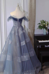Prom Dresses Off Shoulder, A-Line Off Shoulder Layers Tulle Long Evening Dress, Blue Formal Dress