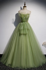 Prom Dresses, Green Tulle Long A-Line Prom Dresses, Green Spaghetti Straps Evening Dresses