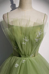 Wedding Dress, Green Tulle Long A-Line Prom Dresses, Green Spaghetti Straps Evening Dresses