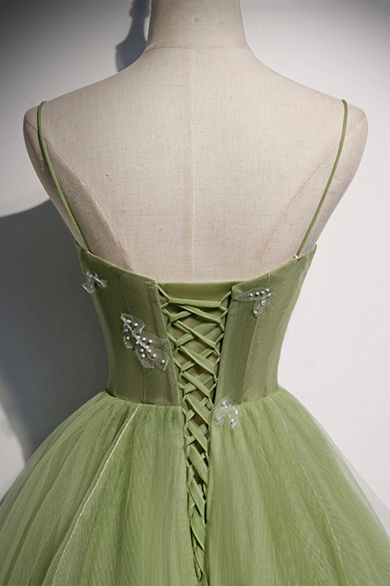 Prom Dress Burgundy, Green Tulle Long A-Line Prom Dresses, Green Spaghetti Straps Evening Dresses